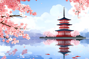 Serene Japanese Pagoda Surrounded by Cherry Blossoms Reflecting on Calm Water