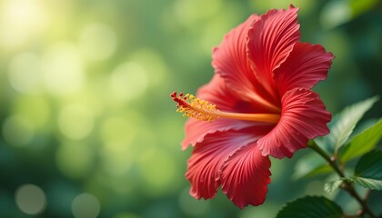 Single Hibiscus Flower in Full Bloom with Vibrant Red Petals and Yellow Center Close-Up Soft Green Bokeh Background Delicate Intricate Details Anime Style HD