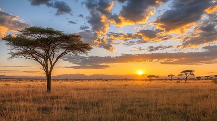 Fototapeta premium Breathtaking African Sunset Over the Savannah with Acacia Trees and Golden Light, Nature s Beauty