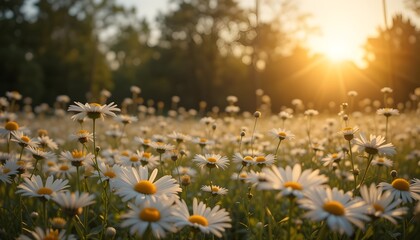 Daisy Field Against the Sun Bright Floral Landscape Background