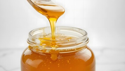 
Close-up of a honey jar with metal lid, overflowing golden honey, minimalistic white background, perfect lighting