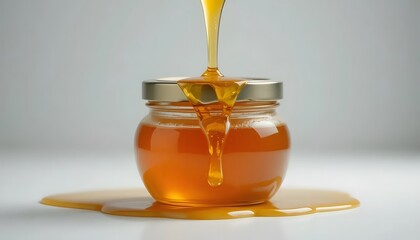 
Close-up of a honey jar with metal lid, overflowing golden honey, minimalistic white background, perfect lighting