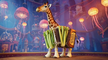 Surreal giraffe wearing an accordion and celery skirt on stage in a whimsical, fantasy-themed setting with floating lights.
