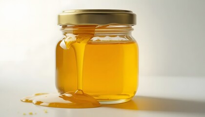 
Close-up of a honey jar with metal lid, overflowing golden honey, minimalistic white background, perfect lighting