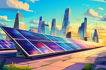 Solar panels reflecting sunlight in a futuristic cityscape during sunset, showcasing renewable energy