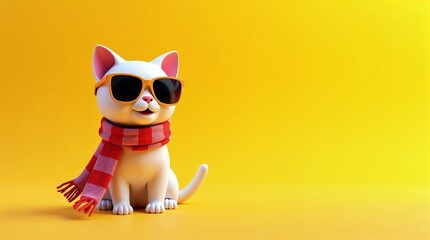 Cute white kitten wearing sunglasses and red scarf. Adorable kitten illustration perfect for children's book, greeting card, or website design.