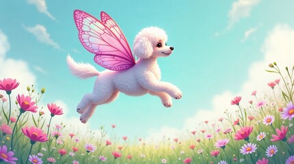 Adorable white poodle dog with pink butterfly wings flying over cosmos flowers field.  Fluffy poodle puppy soaring in vibrant floral meadow, showcasing springtime joy and whimsical fantasy.
