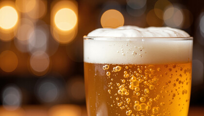 Light beer in glass on bar top. Refreshing light beer with thick head perfect for summer. Cold light beer in transparent glass ideal for bar menus and advertising.