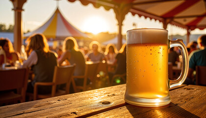 Oktoberfest beer mug on wooden table at sunset. Oktoberfest celebration features a large beer stein with frothy beer in front of happy crowd enjoying festival.