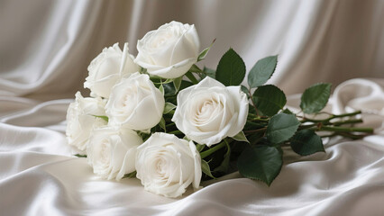 Obraz premium Delicate White Roses Bouquet on Soft Silk Fabric