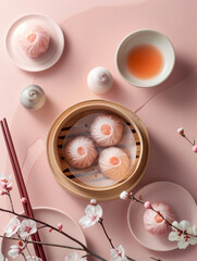 Delicious dim sum in bamboo steamer with pink filling. Elegant dim sum presentation includes three delicate dumplings served on pink plates. Appealing dim sum concept for restaurant menu, food blog,