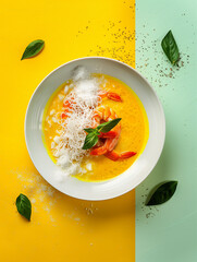 Creamy shrimp soup in white bowl on yellow and green background. Delicious shrimp soup with coconut milk and rice noodles garnish. Elegant shrimp soup concept for restaurant menu, food blog,