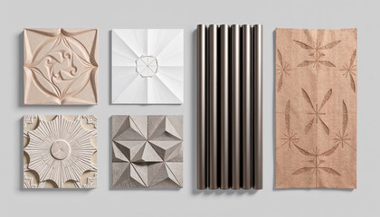 Elegant textured tiles and panels for modern interior design. Collection of embossed stone, paper, and metal panels features various geometric and floral patterns.