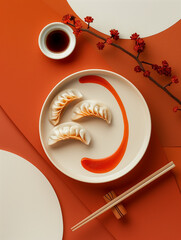 Elegant dumplings served on beige plate with orange background.  Dumplings dish includes three pieces and spicy sauce. Stylish food photography concept for restaurant menu, culinary blog,