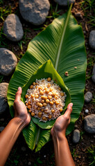 Rice and chickpeas dish served on banana leaf. Simple no-dish meal prepared outdoors.  No-dish concept for healthy eating blogs and social media. No-dish cuisine is perfect for outdoor activities.