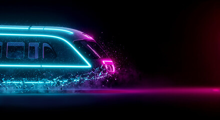 Futuristic high-speed train with neon lights speeding through night. Sleek train design with glowing blue and pink accents. Futuristic transportation concept for websites and presentations.