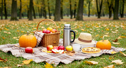 Autumn picnic basket with apples and pumpkin pie on plaid blanket. Fall picnic includes ripe red apples in wicker basket, thermos, and pumpkin. Enjoy autumn picnic outdoors in park.