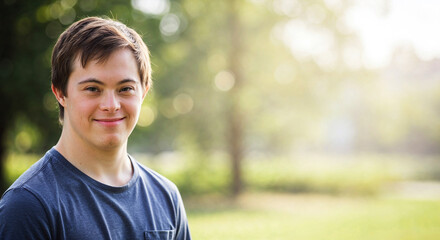 Portrait of young man with down syndrome smiling outdoors. Happy young man with down syndrome poses for photo in park.