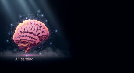 AI learning concept image showing human brain model.  Artificial intelligence learning process visualized with 3d brain model and network connections.  AI learning graphic design for presentations,