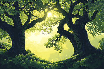 Lush green forest scene with two majestic trees framing a bright, sunlit clearing