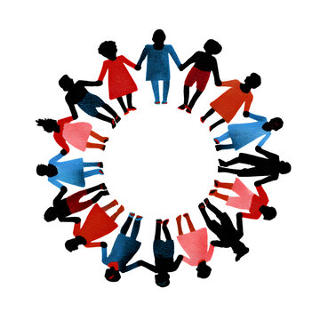 Watercolor illustration of people holding hands in a circle on a white background forming unity