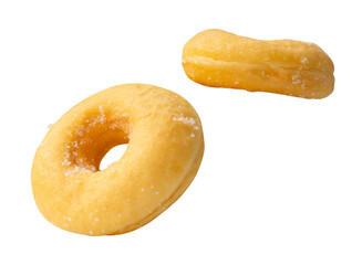 Top view set of two pieces of scattering cinnamon donuts isolated on white background with clipping...