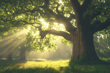 Majestic oak tree bathed in sunlight with rays piercing through the forest, serene atmosphere