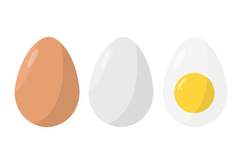 Icon of two raw eggs and half a boiled egg on a white background. Protein. Farm product.