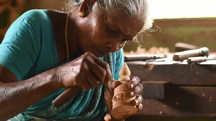 Elderly Indian artisan woman meticulously hand carving a small wooden sculpture with precision tools in a traditional workshop