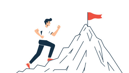 Simple vector of man climbing mountain to red flag, representing goals, ambition and progress in personal or career journey