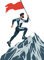 Vector of mountaineer reaching summit with red flag, symbol of success, strength, leadership and final achievement