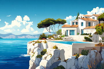Serene coastal villa perched on cliffs, overlooking a tranquil sea with vibrant landscape