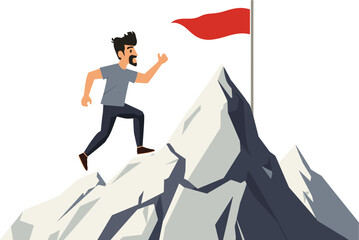 Vector illustration of man climbing mountain toward red flag, symbol of personal goal, achievement and motivation