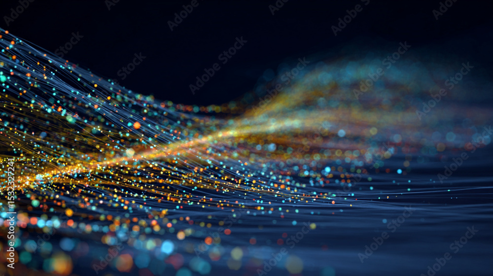 Poster luminous data stream: abstract particle wave background