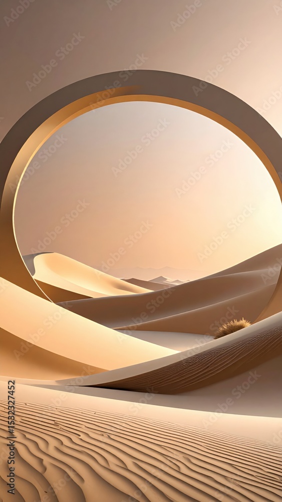 Poster creating a surreal landscape desert sands and abstract shapes dunes digital art warm tones wide-angl