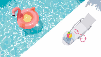 Top view of pool scene with pink flamingo float, lounge chair, sunglasses and drink, relaxing summer holiday concept