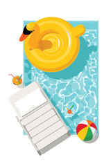 Vector illustration of swimming pool with yellow duck float, lounge chair, beach ball and tropical drink, top view