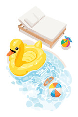 Top view of summer pool scene with yellow duck float, double lounge bed, beach balls and water ripple effect