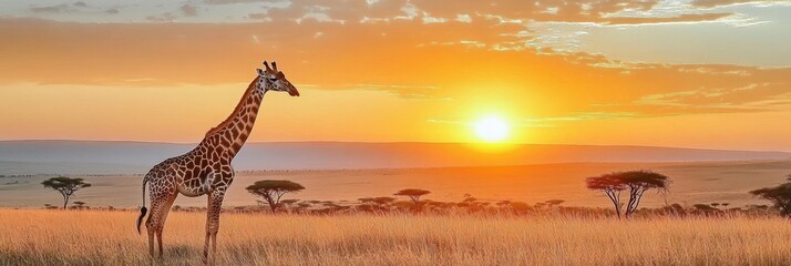 Stunning African Landscape with Acacia Trees and Giraffe at Sunset in Tanzania s Grasslands