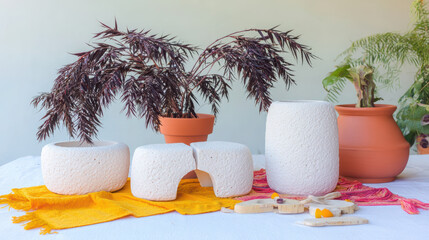 Stylish decorative pots arranged on vibrant textile, featuring lush plant in terracotta pot. scene exudes warm, inviting atmosphere, perfect for enhancing any interior space