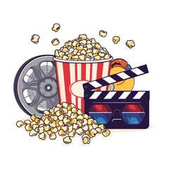 Illustration of cinema set with popcorn, clapperboard and 3D glasses on white background, film and movie night concept