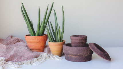 Aesthetic indoor plants in terracotta pots, showcasing vibrant green leaves and earthy tones. arrangement includes various sizes of pots, creating cozy and inviting atmosphere
