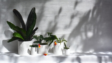 Lush green plants in white textured pots create serene and calming atmosphere, enhanced by soft shadows on light background. This editorial garden photoshoot captures beauty of nature indoors