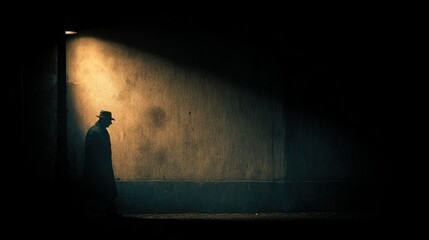 Silhouette Of Man In Hat Standing In The Rain Under Street Light In A Dark Alleyway