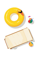 Top view of summer pool scene with yellow duck float, lounge chair, ball and tropical drink, minimal vacation concept