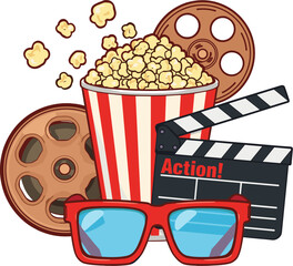 Colorful cinema illustration with popcorn, clapperboard labeled “Action!”, red 3D glasses and film reels, movie night concept