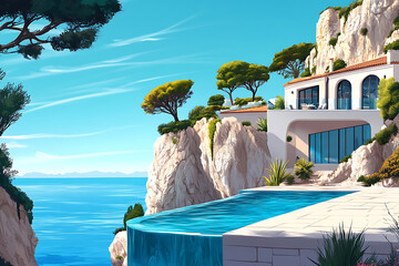 Stunning coastal villa with infinity pool overlooking the serene ocean and distant mountains