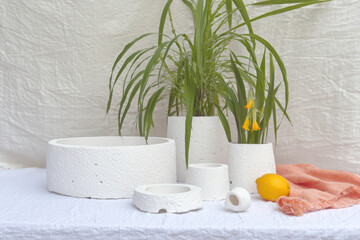 White planters indoor plants decorative pots minimalist design home decor natural materials modern style green leaves lemon textile garden accessories textured surface contemporary vibrant colors