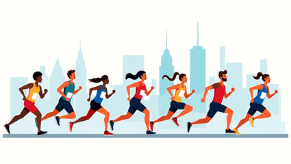 Vector illustration of marathon runners in a city race, diverse athletes in motion with urban skyline in background