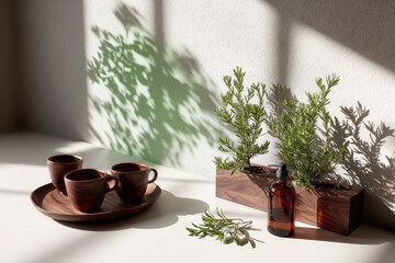 Serene nature scene featuring wooden tray with three ceramic cups, glass bottle, and planter with green foliage casting beautiful shadows on light surface